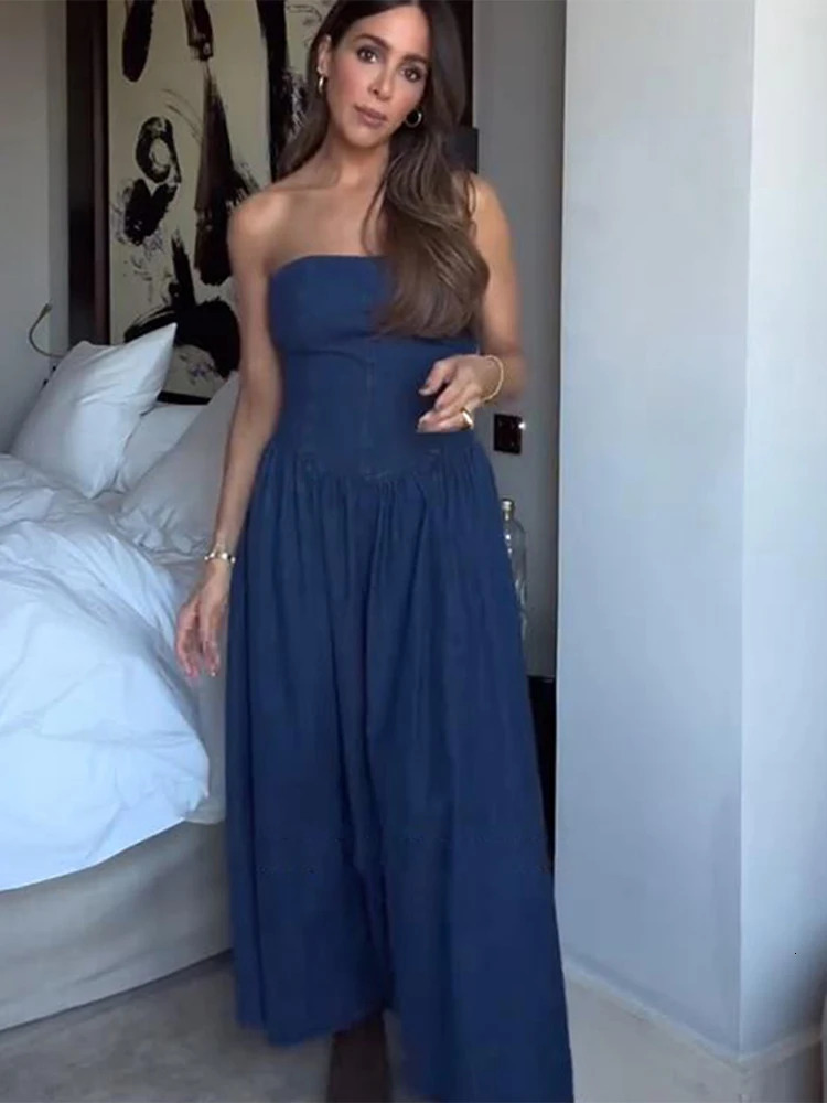 Fashion Off Shoulder Dress For Women Denim Backless Sleeveless Slim Long Dresses Female Spring Summer Lady Vestidos 250515