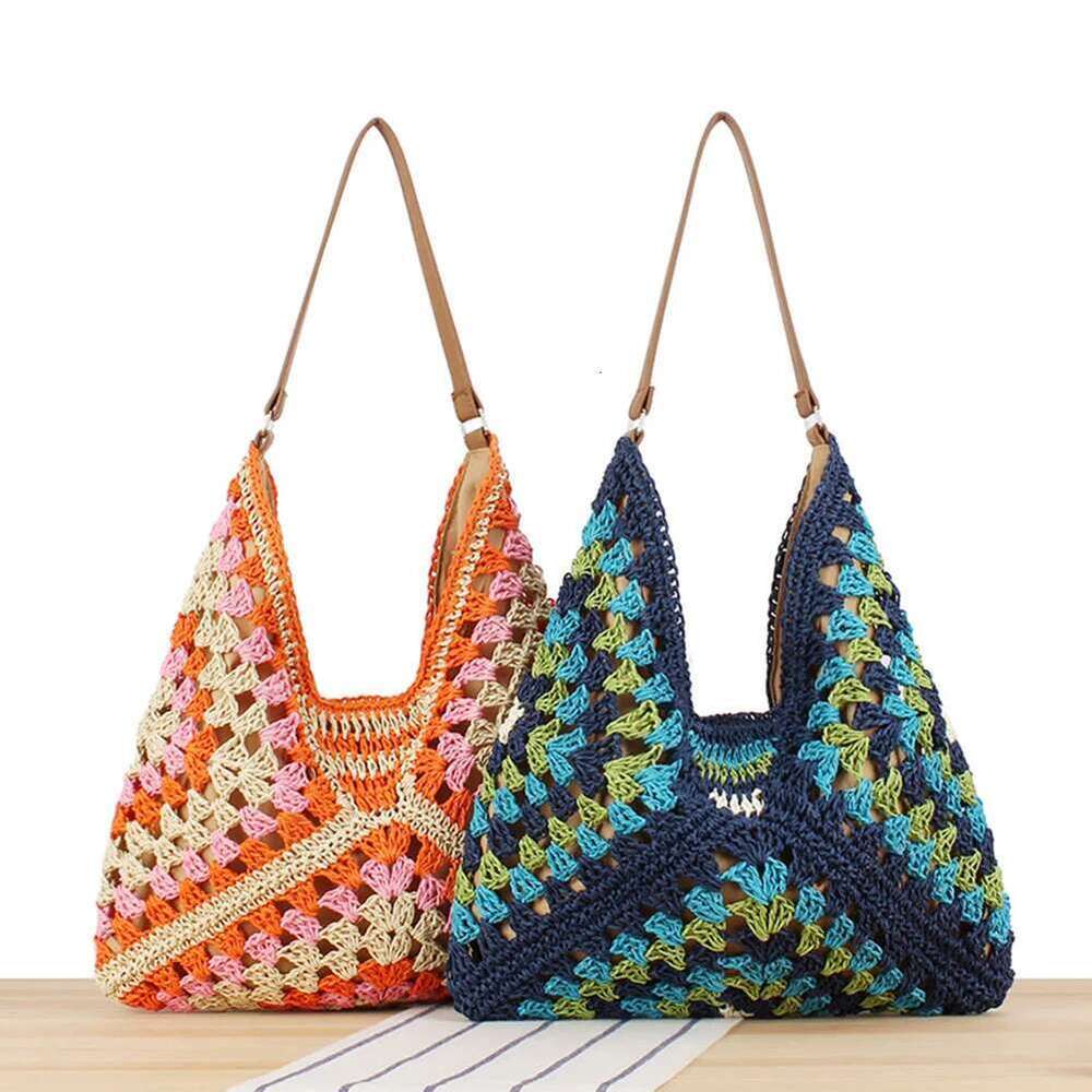 Women Summer Beach Large Capacity Crochet Hobo Bags Knitted Shoulder Bag Patchwork Hasp Closure For Outdoor Travel