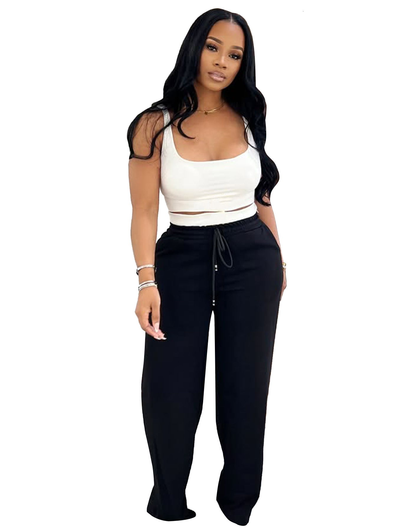 HR25021 Womens Summer New Style Double Waist Head Design High Waist Wide Leg Pants Set