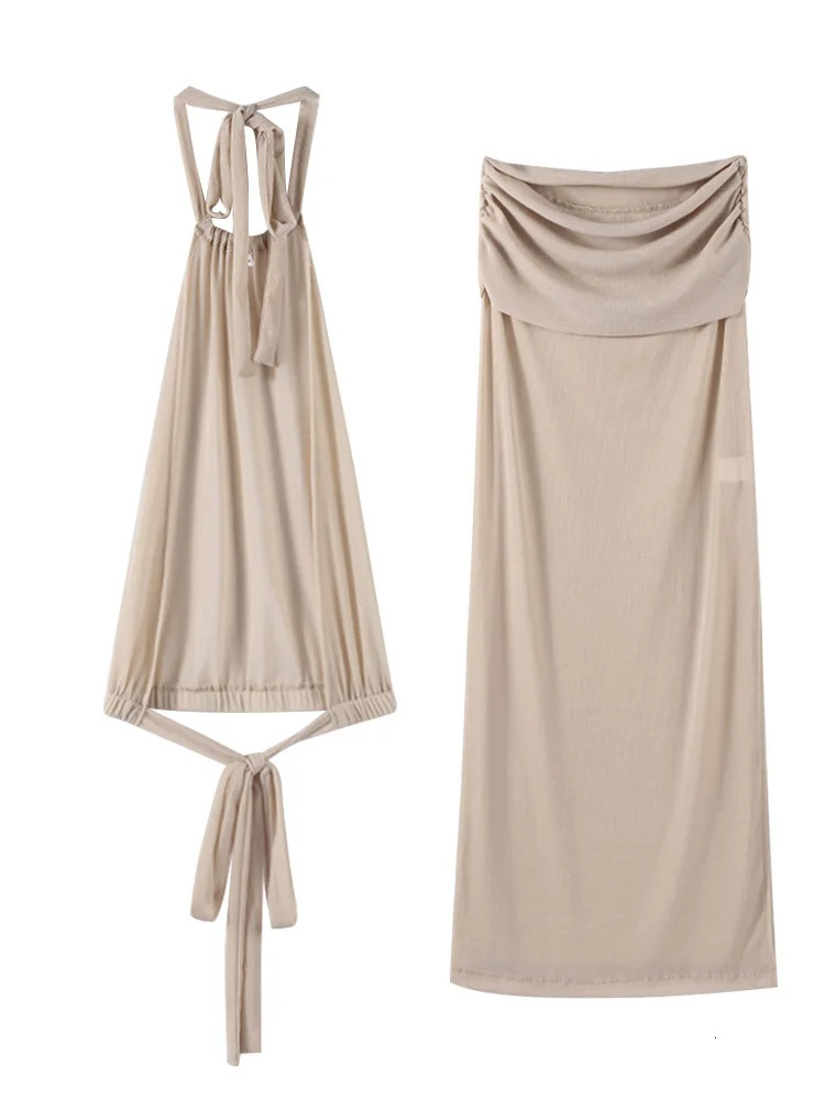 Women Skirts Suit Sexy See through Sleeveless Backless Halter Tank Top High Waist Hip Package Pleated Skirt Sets Lady Outfits 250515
