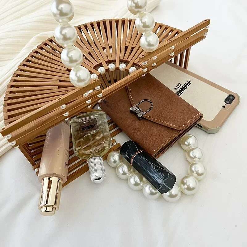 Semicircle Bamboo Designer Shoulder Summer Beach Pearl Handle Women Shopping Handbag Rattan Tote Bag Purse