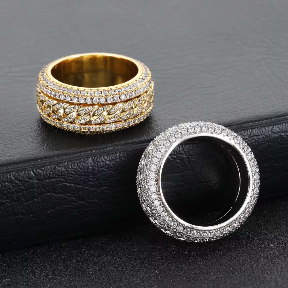 Personality Copper Gold Plated Hip Hop Full Dia Ring Rotatable Cuban Chunky Mens Rings