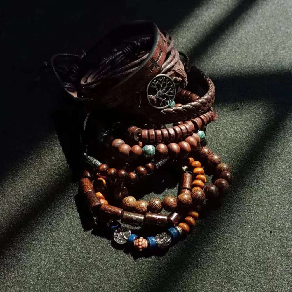 Khaki Tree 10 Pcs/Set Black Wrap Woven Fashion Handmade Male Women Leather Bracelets Men Bangle Wholesale Jewelry