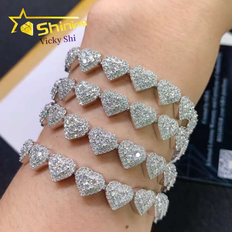Factory Price Sterling 925 Silver VVS Moissanite Fine Jewelry Iced Out Hip Hop Heart Cuban Link Chain Bracelet