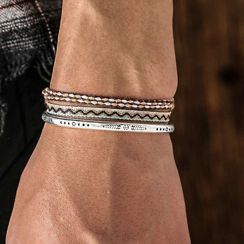 Fashion Handmade Cotton Rope Sport Set Bracelets For Women Men Retro Tibetan Sier C-Bangle Multilayered Jewelry Gift
