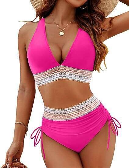 European American women's bikini high waist split color matching set with drawstring gathered belly swimsuit manufacturer directly supplies new c