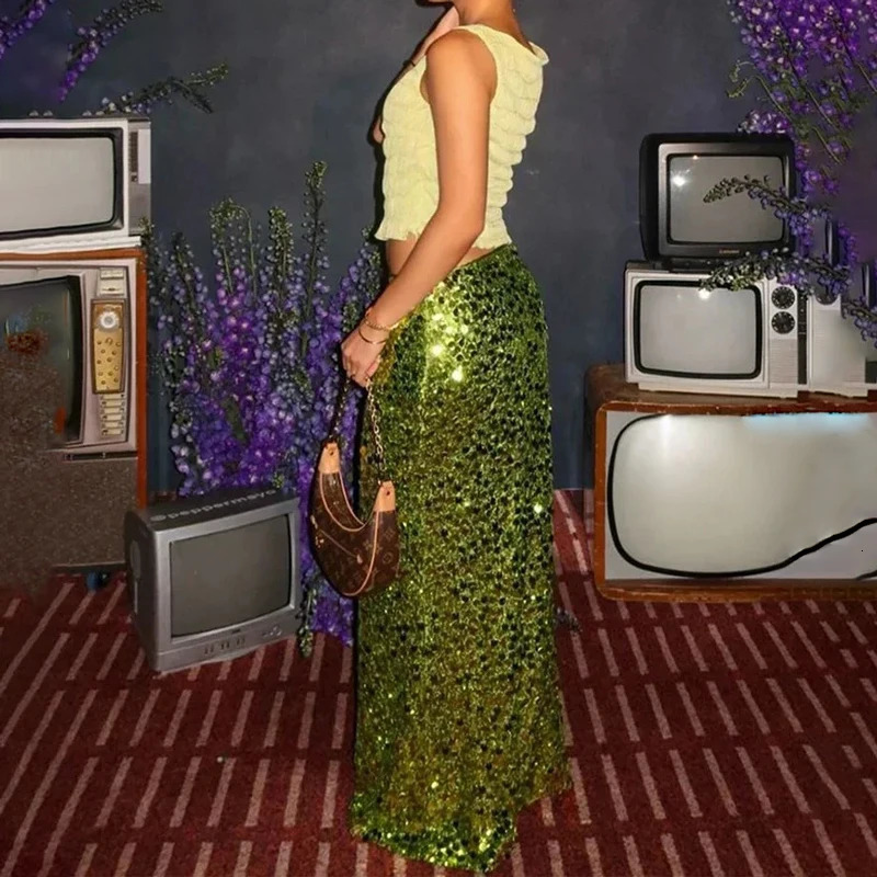 Party Green Shiny Skirts For Women High Waist Fashion Sequin Patchwork Long Femme Trendy Skirt Clubwear 250515