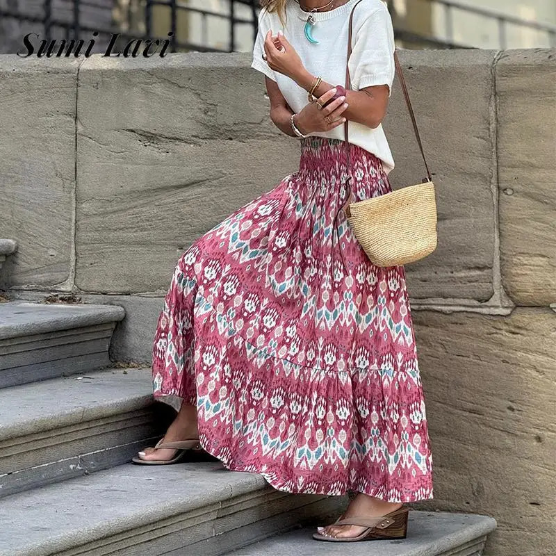 Womens Elegant Pattern Print Loose ALine Skirt Summer Casual Pleated Long Party Fashion Elastic Waist Big Swing Half 250515