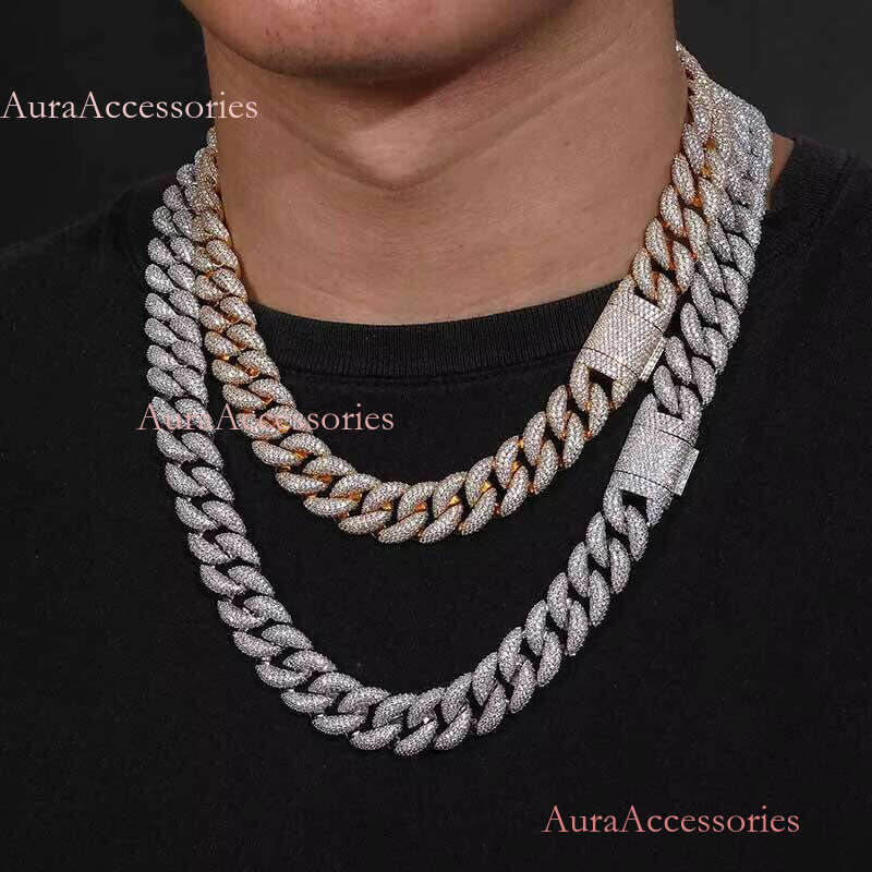 Men Jewelry Fashion Necklace 15mm Real Gold Plated Copper Zircon CZ Dia Iced Out Cuban Link Chain