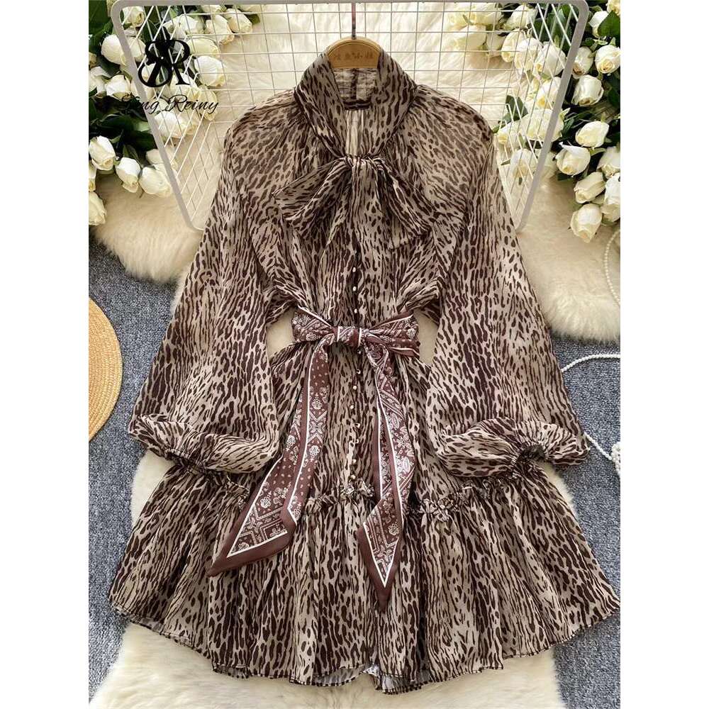 High Street Leopard Sexy Bow Neck Long Sleeves Transparent Loose Autumn Bohemian Casual Print Short Dress