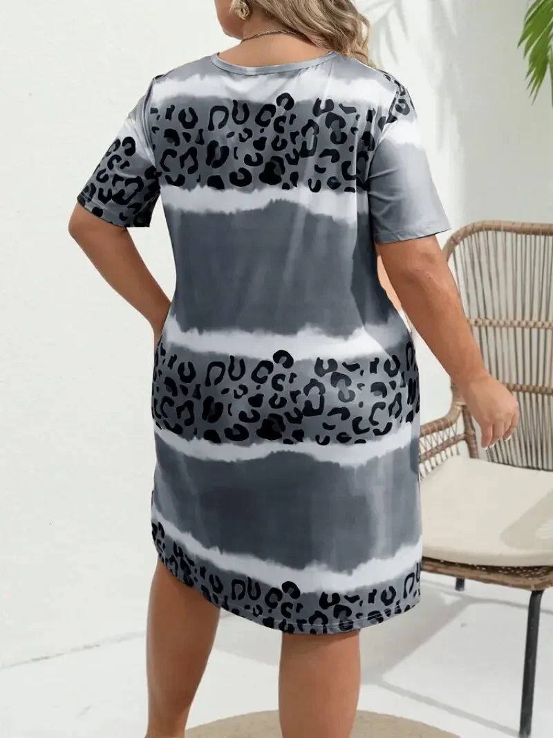 Womens Plus Size 1XL-8XL Fashion Casual Dress Short Sleeve Dress Tie Dye Leopard Short Sleeve V Neck Slight Stretch Dress 250509