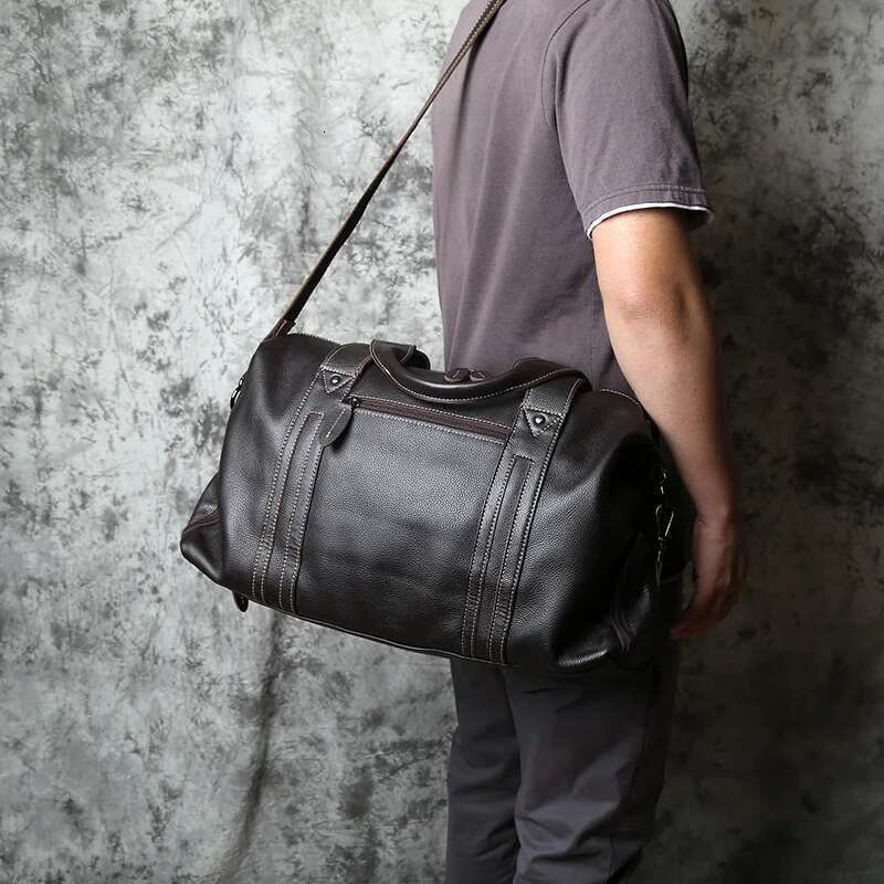 NZPJ Vintage Leather Men Travel Natural Cowhide Handbag Casual Shoulder Messenger Computer Large Capacity Lage Bag