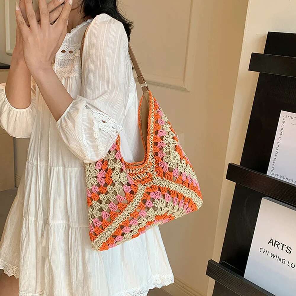 Women Handmade Woven Large Capacity Crochet Hobo Bags Stylish Granny Bag Patchwork Hasp Closure For Outdoor Travel