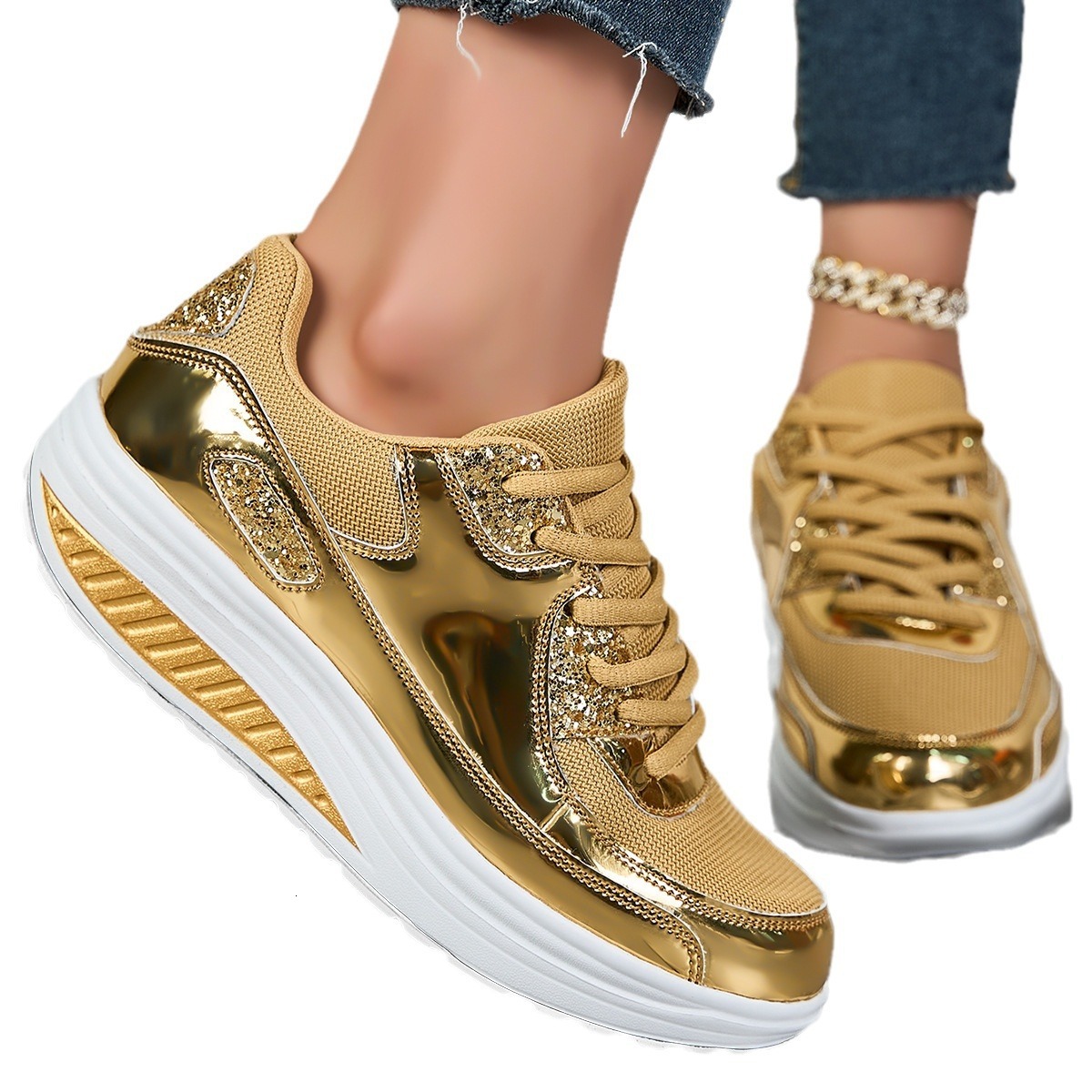 Casual Shoes New Swinging Bottom Gold Bright Mesh Casual Sports Outdoor Large Shoes Ddmysaturn