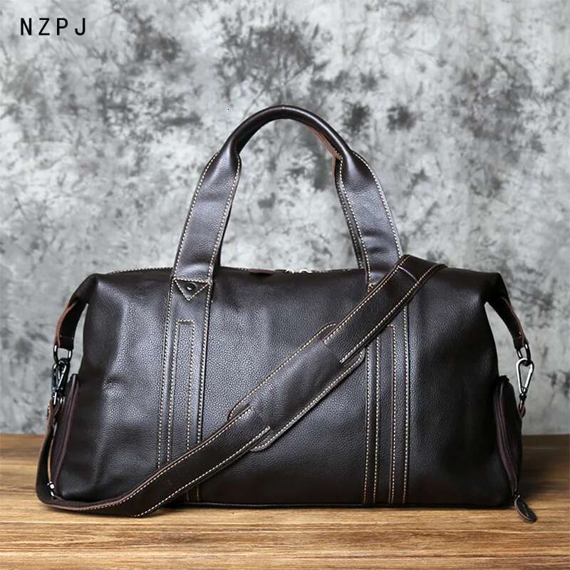 NZPJ Vintage Leather Men Travel Natural Cowhide Handbag Casual Shoulder Messenger Computer Large Capacity Lage Bag