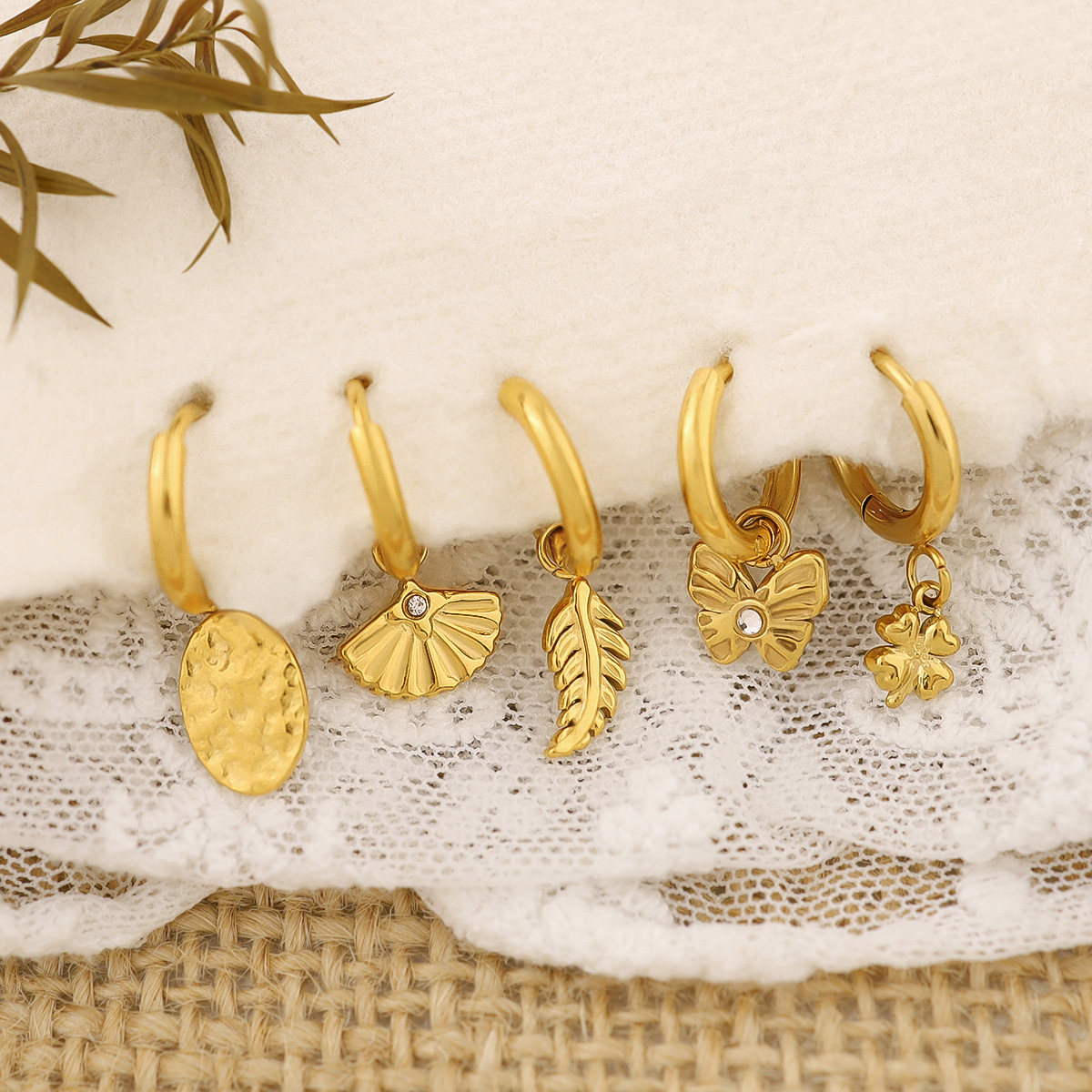 Durable Elegant Ear Piercing Jewels Summertime Ready PVD-Golded Stainless Steel Butterfly + Bloom Charm Studs