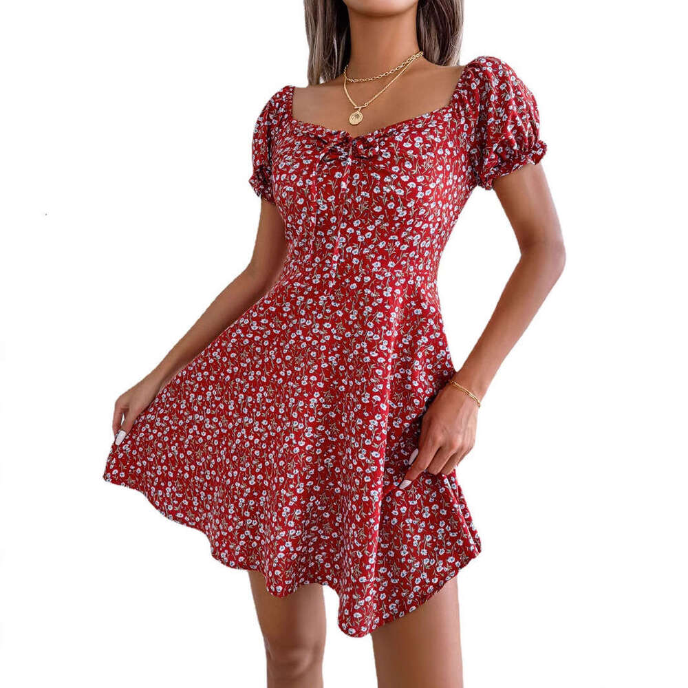 Ins style real-life photos of spring and summer trumpet sleeves, drawstring ties, floral patterns, big swing dresses, women's clothing, 2025 new 