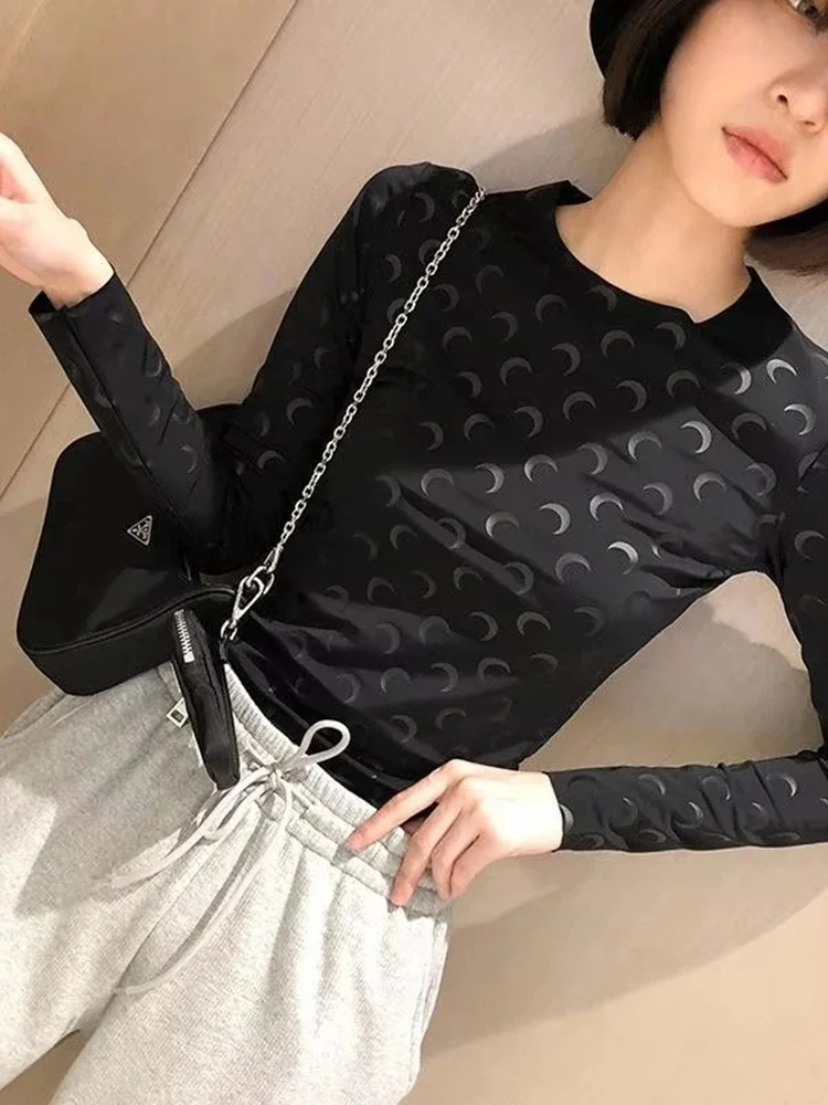 Fashionable Printed Slim Fit Elastic Long Sleeved Women's T-Shirt Korean Casual Thin Comfortable Round Neck with Women Top