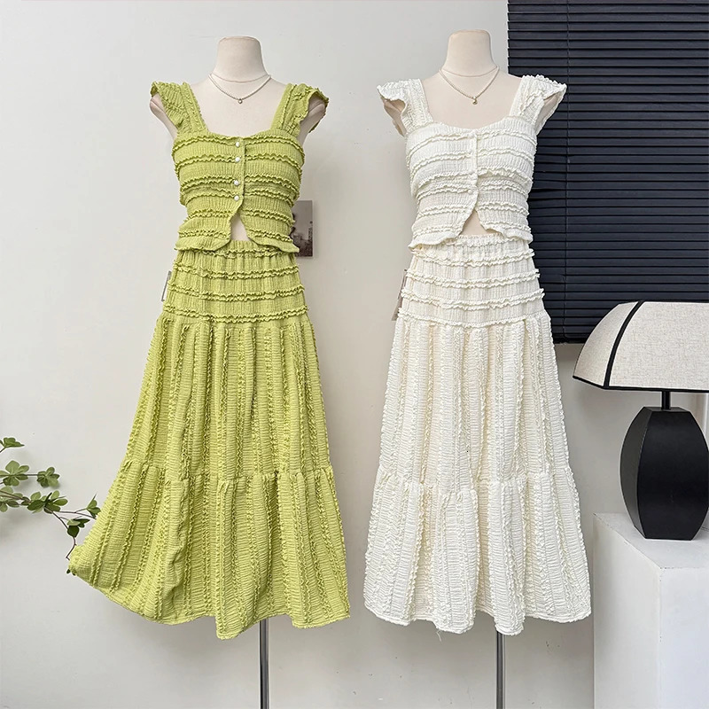 Summer Women Single Breasted Mini Camisole Elastic Waist A Line Long Skirt 2pcs Set Suits Beach Style 250515