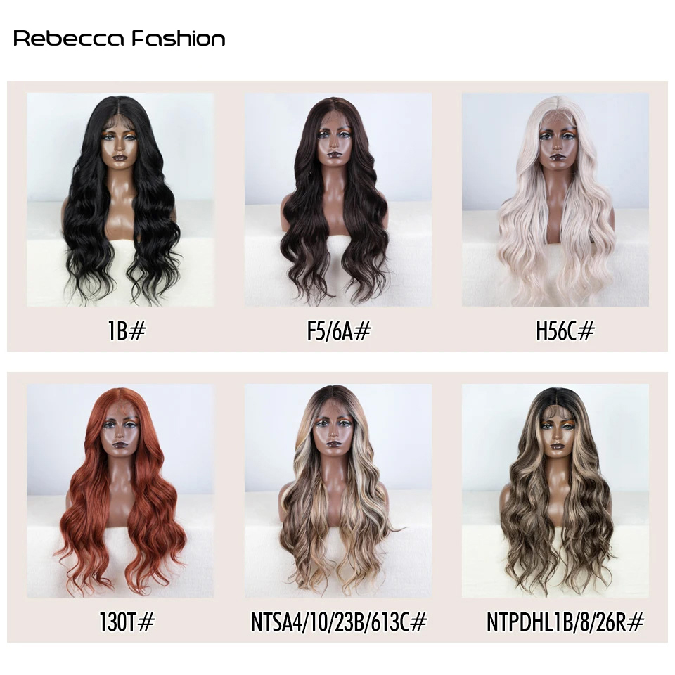Rebecca Fashion Synthetic Front With Baby Hair Body Wavy Wigs For Women 28 Inch Ombre Brown Higlight Cosplay Lace Wig