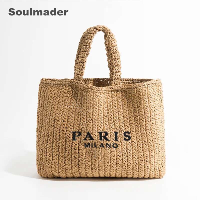 Raffia Crochet Straw Tote Women Handmade Large Capacity Summer Beach Woven Handbag Black Natrual Paris Shopper Bag 2023 New