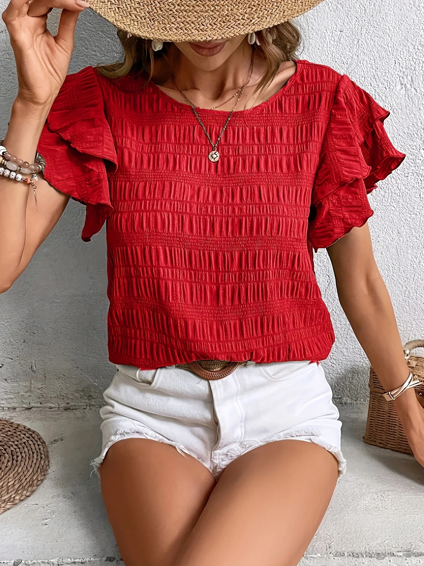 Summer Elegant Solid Shirt for Women Casual Office Lady Blouses Vintage Butterfly Sleeve O Neck Tops 250514