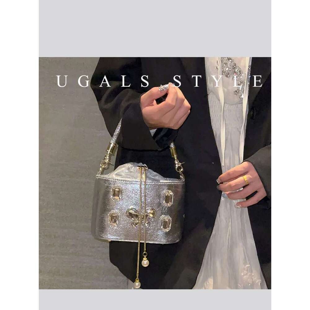 Women Bucket Handbag Crystal Shiny Rhinestones Dia Evening Wedding Party Clutch Purse Crossbody Bag