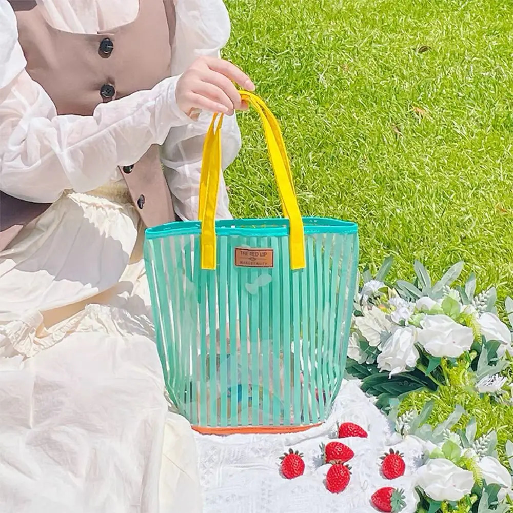 Summer Transparent Stripe Print Clear handbag For Women Beach Bag Large Capacity Shoulder Bags PVC Waterproof Shopping Bags 250515