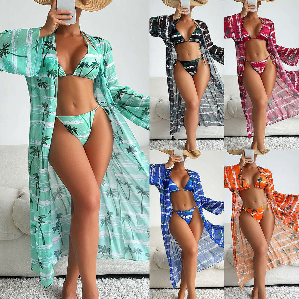 New European and American special fabric printed bikini BIKINI cover up three piece set women's swimsuit 2025 new casual versatile fashion clothi
