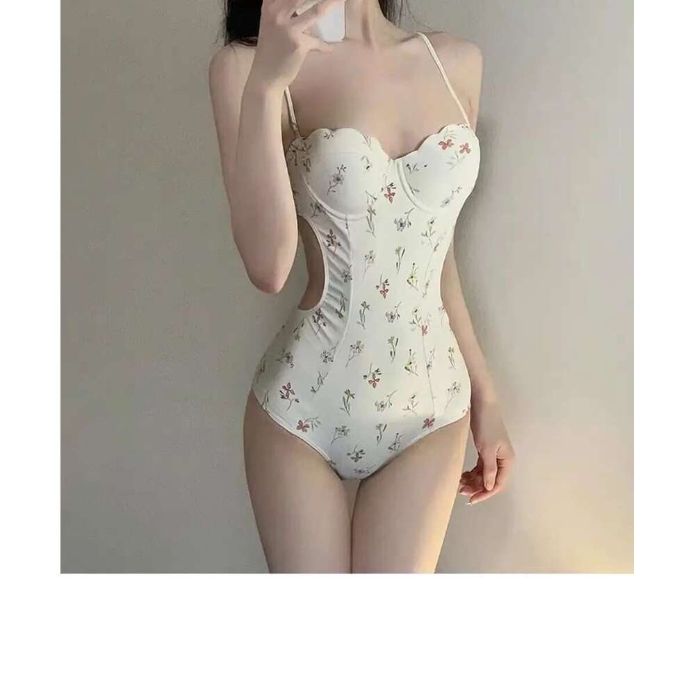 sexy Korean fashion floral print push up swimsuit two pieces with perspective mesh cover skirt bodysuits bikinis swimwear