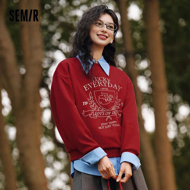 Semir Hoodie Women Design-Featured Embroidered Loose And Lazy 2025 New Spring Round-Neck Drop-Shoulder Pullover Fashionable Designer