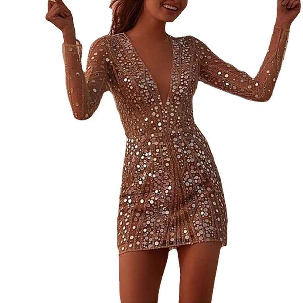 2025 European American women's deep V-long sleeved sequined small dress, fashionable versatile new style, chic and elegant clothing
