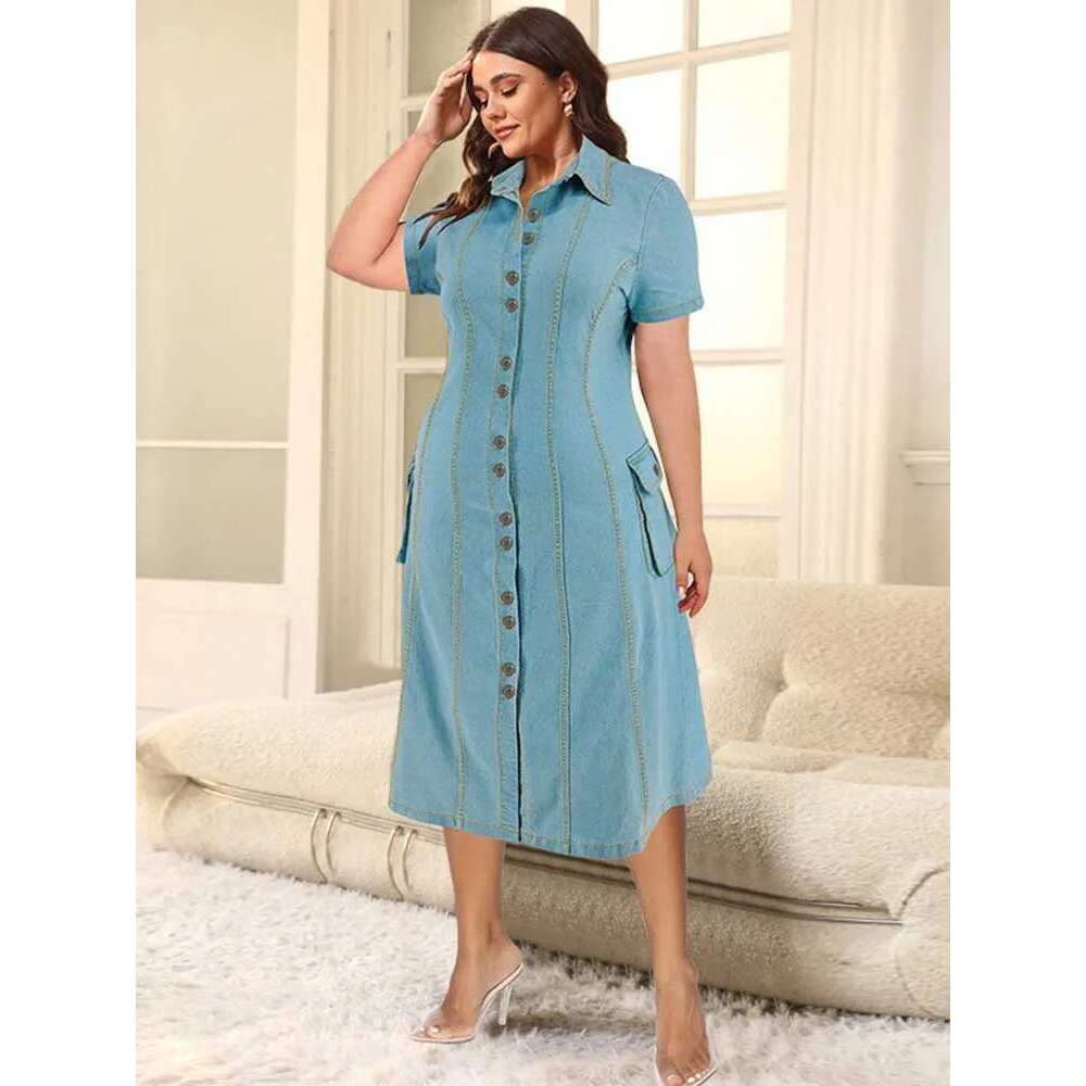 5xl Womens Plus Size Clothes Button Front Sky Blue Loose Summer Curvy Denim Long Dress with Sleeves