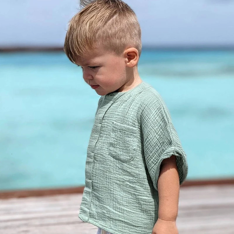100% Cotton Muslin Boys T-shirt Summer Childrens Casual Loose Short-Sleeve Pocket Tops TZ057 250515