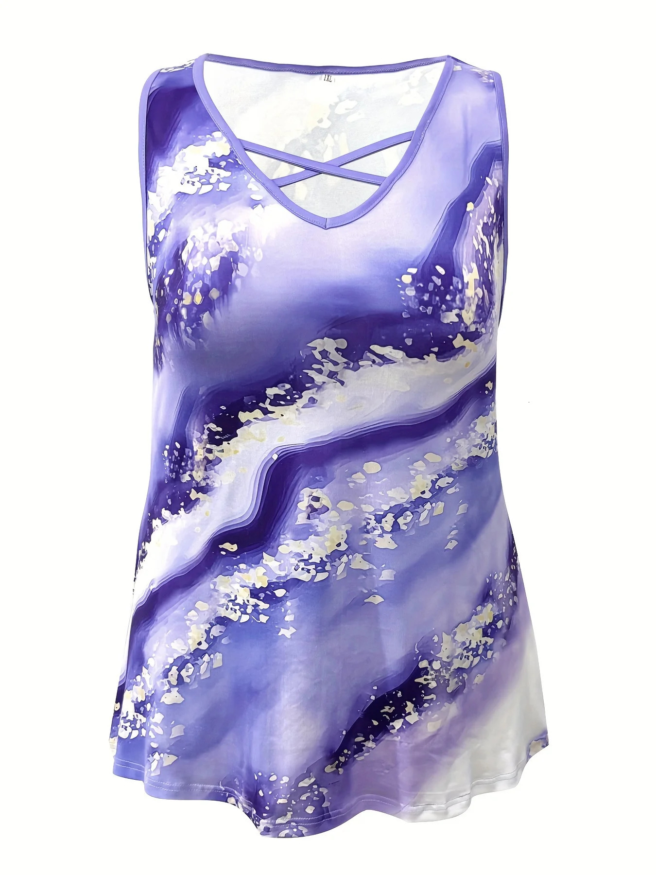 Plus Size Marble Print Tank Top Casual Criss Cross Sleeveless V Neck Top For Summer Spring Womens Plus Size Clothing 250515