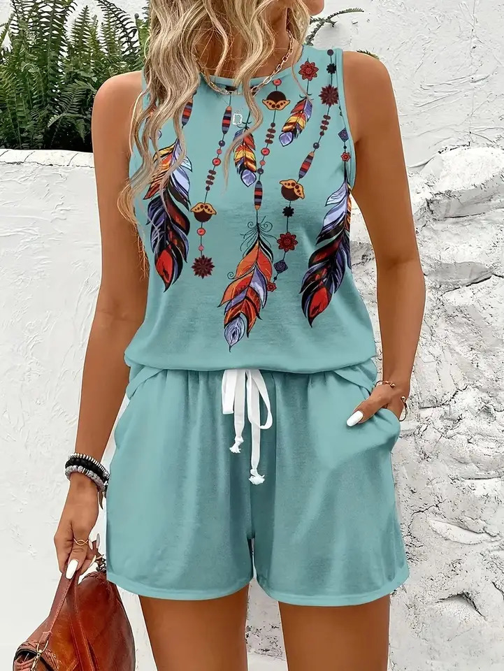 Plus size elegant sleeveless printed top sleeveless top drawstring shorts casual versatile vest shorts set 250514