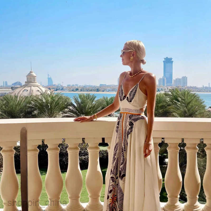 Women Dresses summer new backless lace up long dress with printed V-neck elegant dress