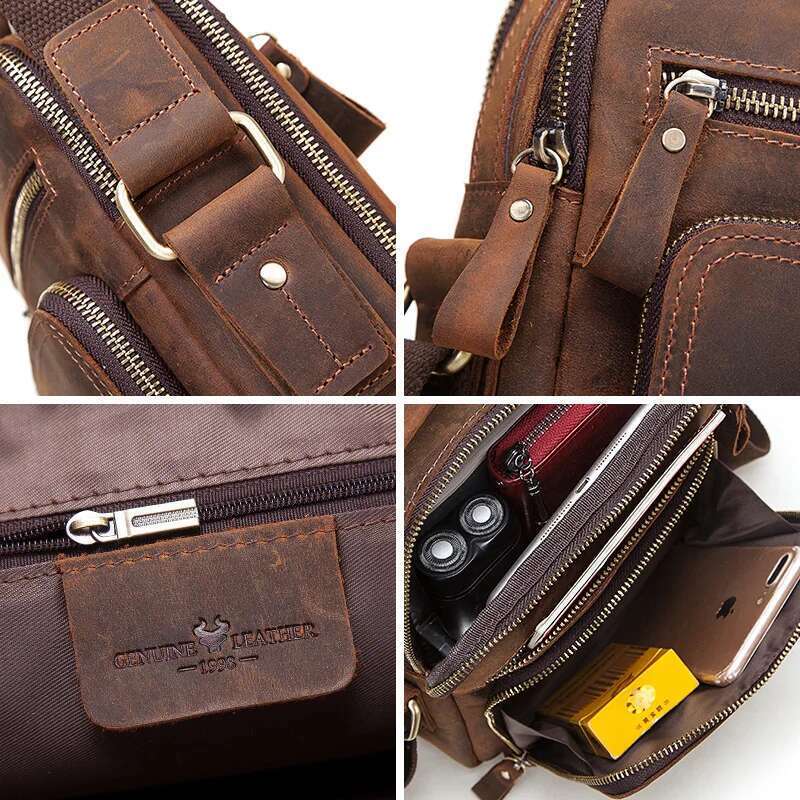 HUMERPAUL Genuine Leather Men's Shoulder Vintage Cross Bags Large Capacity Male Messenger Tote Bag Travel Bolso Hombres
