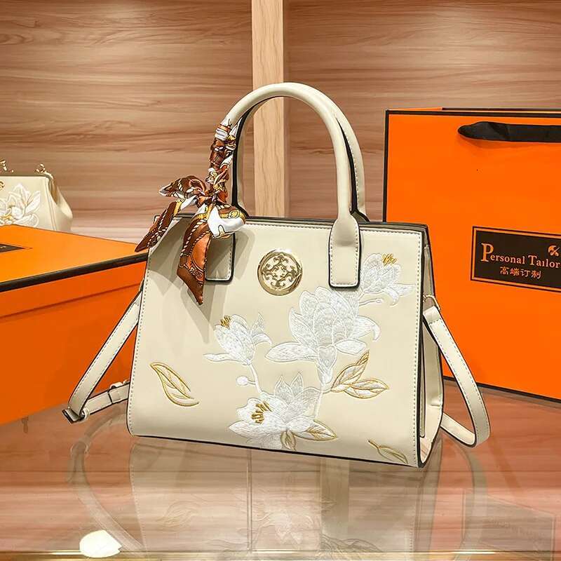 Pure Color Ladies Handbag New Chinese Embroidery Shoulder Fashion Hundred Commuter Girls Crossbody Bag Scarf Decor