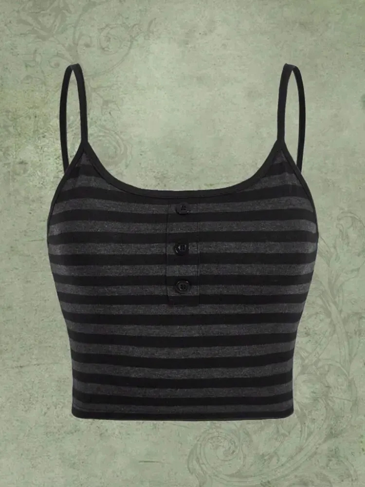 Goth Punk Striped Button Cami Top Women Summer Y2K Clothes Grunge High Street Sleeveless Spaghetti Strap Crop Streetwear 250506