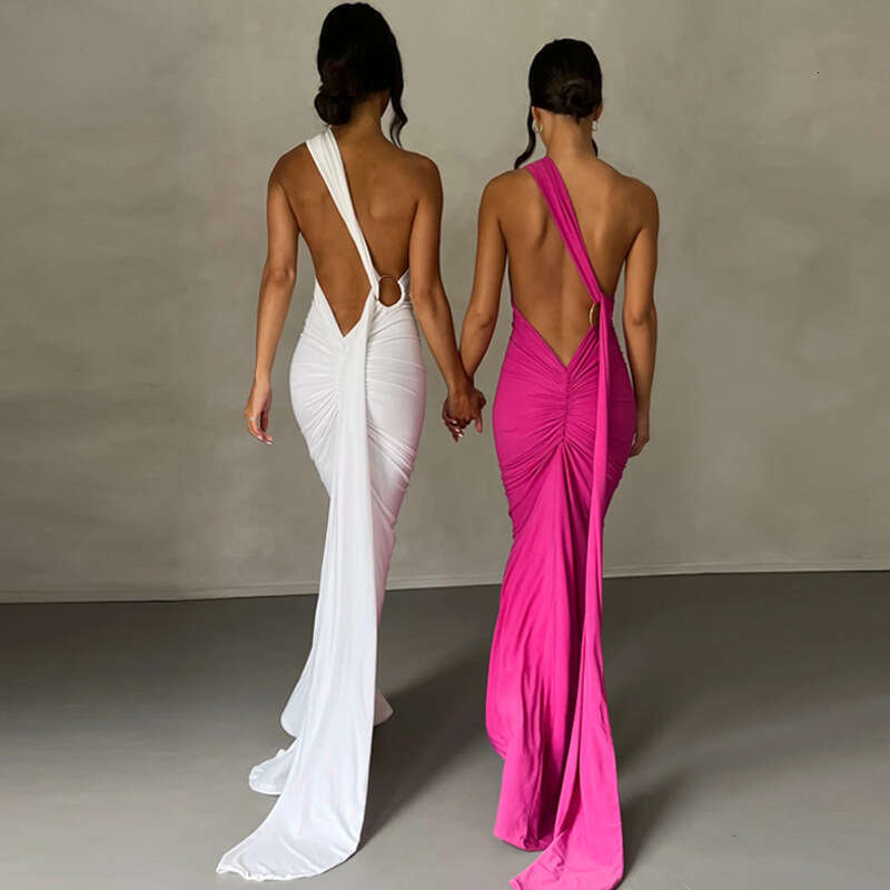White Dress Maxi Dress Wind Women's Clothing 2025 Summer New Product Sexy Backless Pleated Slim Fit Solid Color Sleeveless Temperament Dress KQ