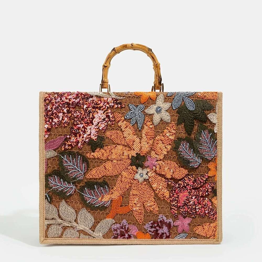 Ladies Gorgeous Wind Bamboo Knot Hand Shiny Random Beads Fower Tote And Casual Beach Bag For Daily Travel, Vacation, Party