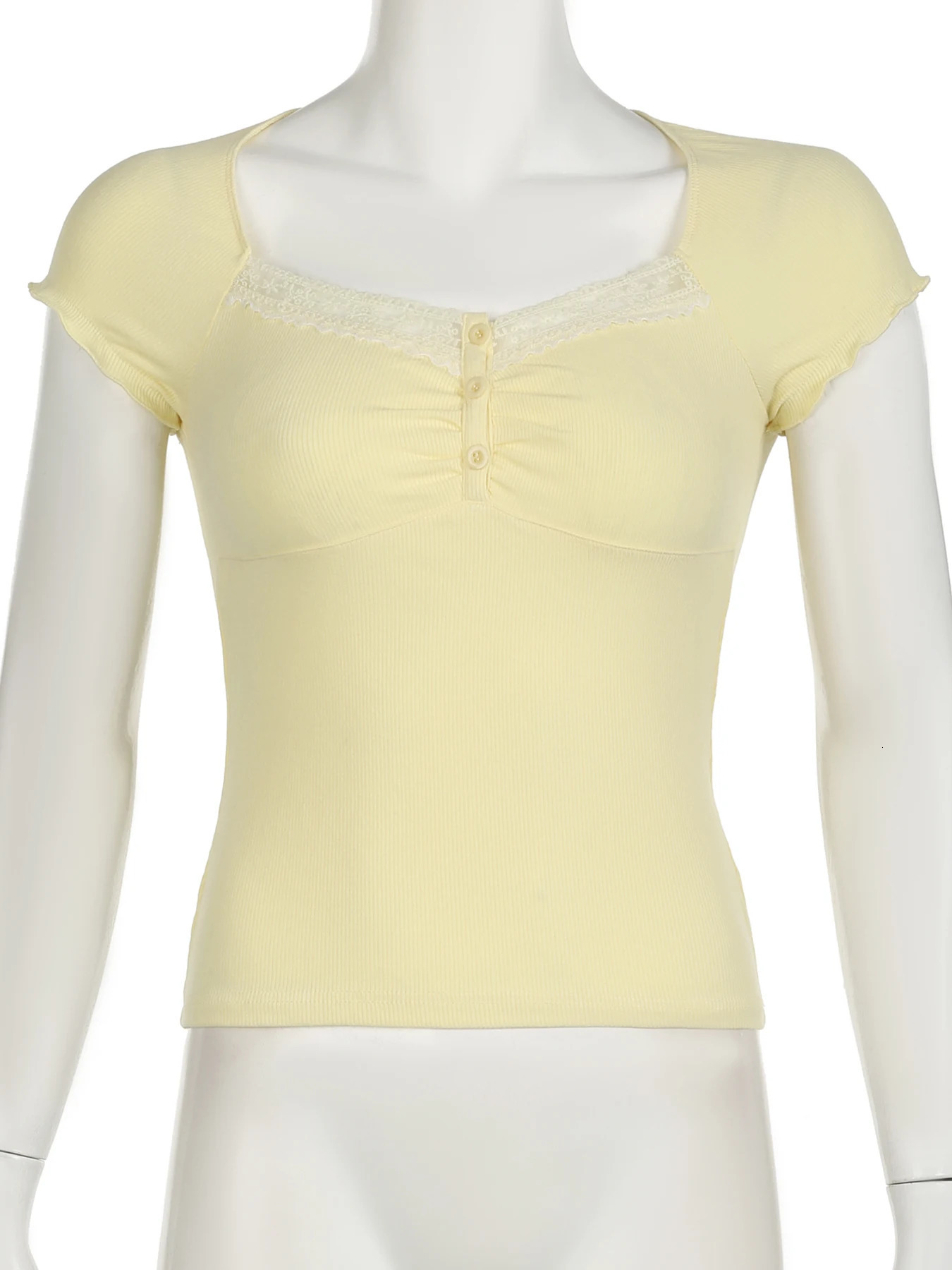 IAMSURE Sweet Solid Lace Trim T Shirt Casual Slim Square Collar Short Sleeve Tee 2024 Summer Fashion Streetwear Ladies 250506