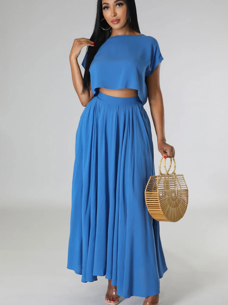 Two Piece Sets Women Skirt Set Matching Short Sleeve Tops Long Skirts Summer Pleated Y2k Streetwear High Waist Casual 250515