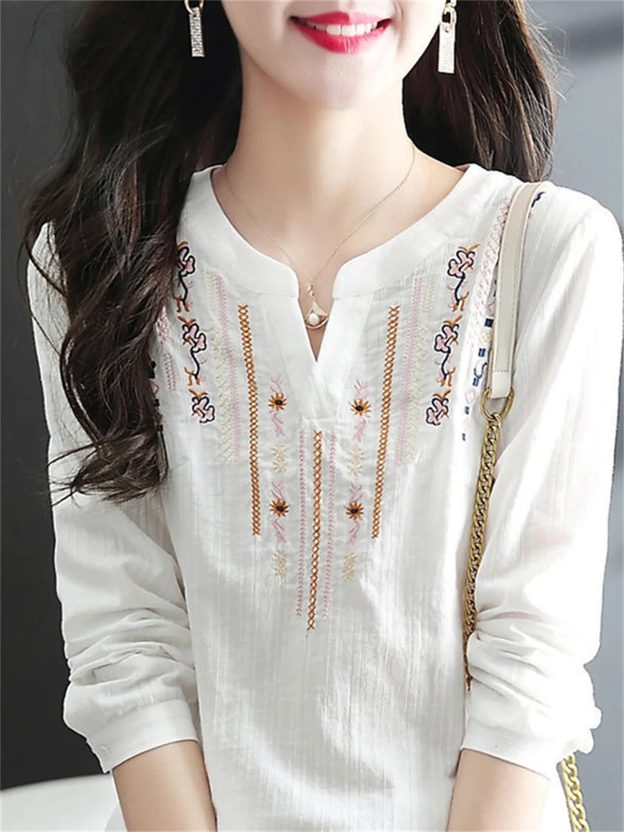 Womens Spring Autumn White Blouses Tops Lady Casual y VNeck Long Sleeve Vintage Loose Top DF4272 250515