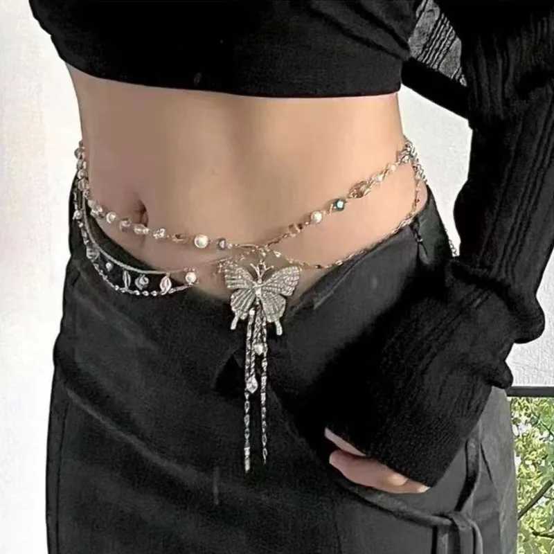 Simple Shiny Butterfly Waist Chain For Women Multilayer Pearl Tassel Metal Body Belly Chains Summer Beach Party Jewelry Gifts Y250515