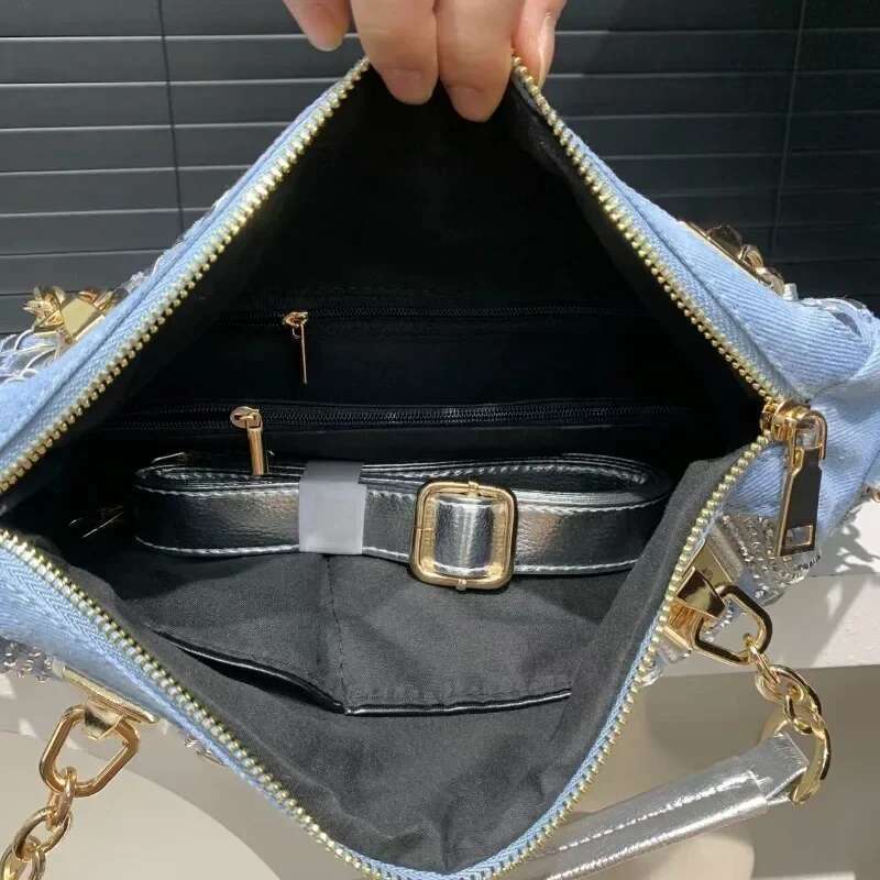 Women's Fashion Denim Braided Tote Bag Large Capacity Dia Shoulder Handbag