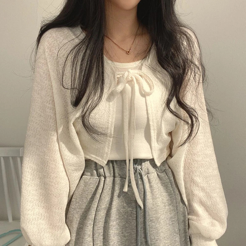 XBBA White Sweet Kawaii Women Cardigan Summer Thin Fashion All Match Shirt Korean Casual Loose Female Lace Up Top 250514