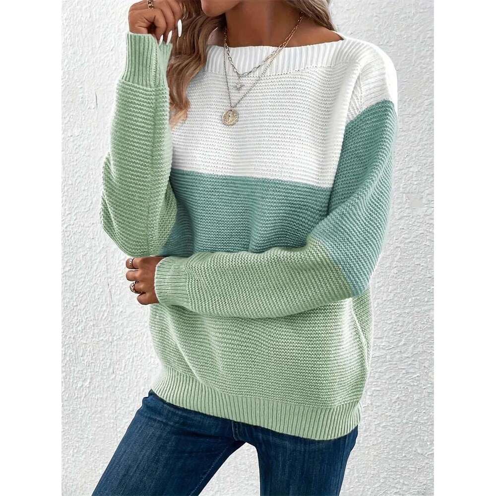 Elegant Three-Color Patchwork Sweater Women Daily Commuter Casual Loose Jumpers Female Autumn Winter Knitted Thickened Warm Tops Designer