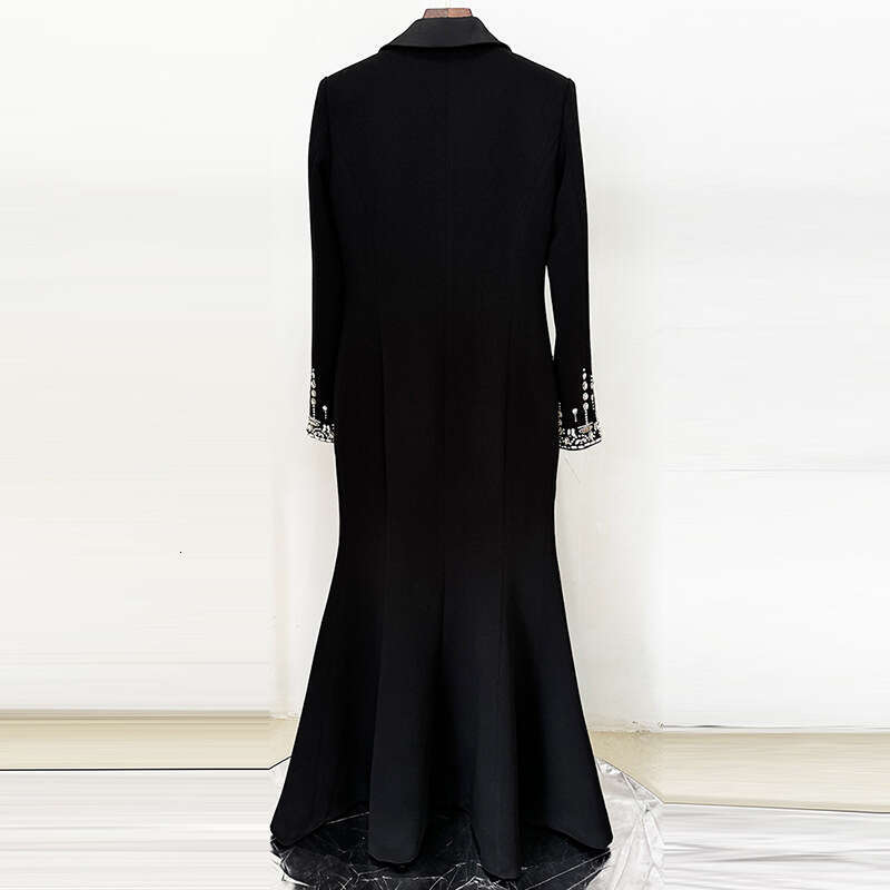 2025 Celebrity Fashion Heavy Industry Nail Bead Diamond Set Suit Collar Tail Long Dress